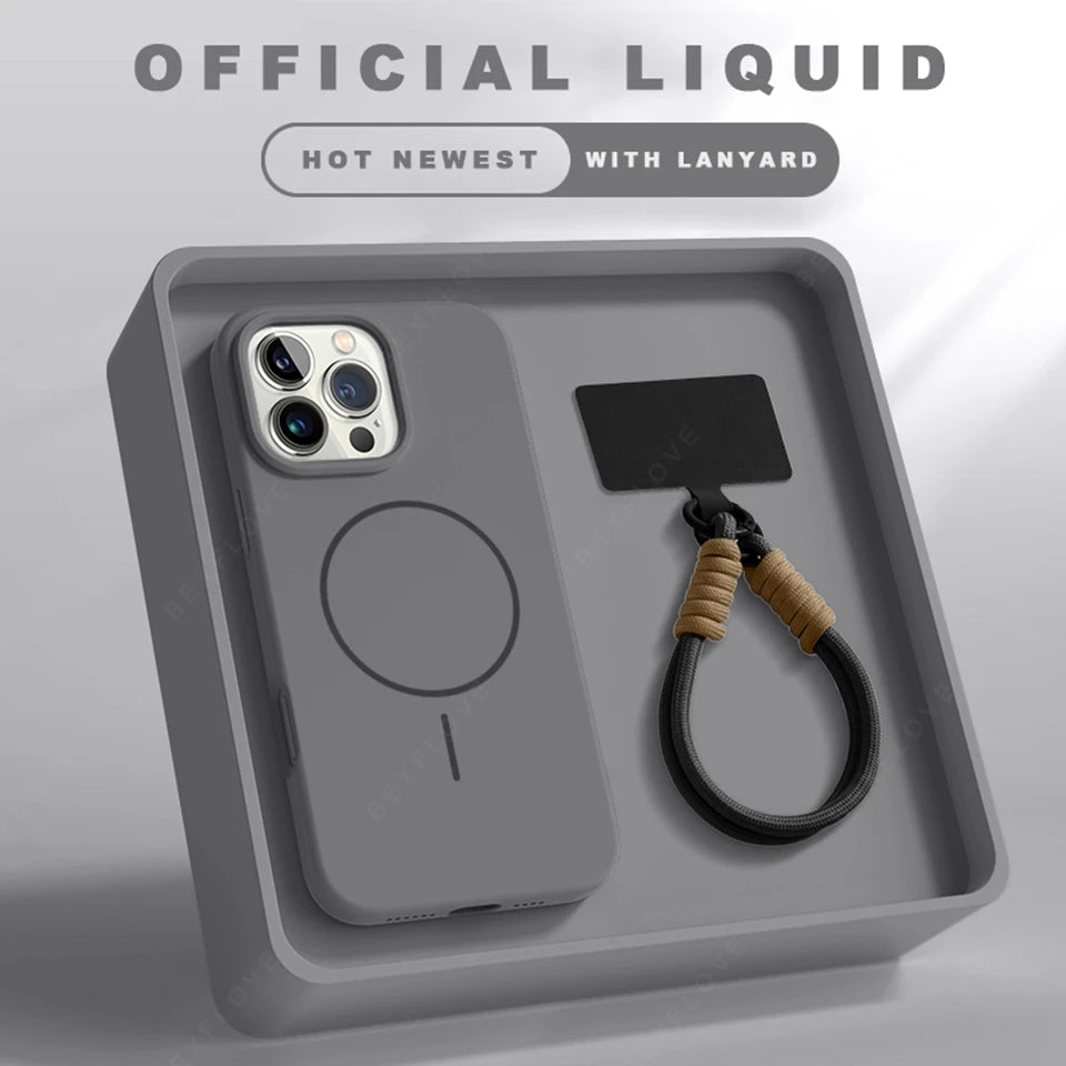 Magnetic Phone Case For iPhone 15 16 Plus Pro Max Silicone Official Lanyard Magsafe Strap Protector Soft Cover