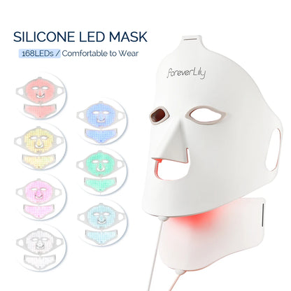 Foreverlily-Masque facial LED en silicone pour le visage et le cou, 7 couleurs, lumière LED, photon rouge, thérapie par la lumière 3D, masque facial flexible, soins de la peau anti-acné