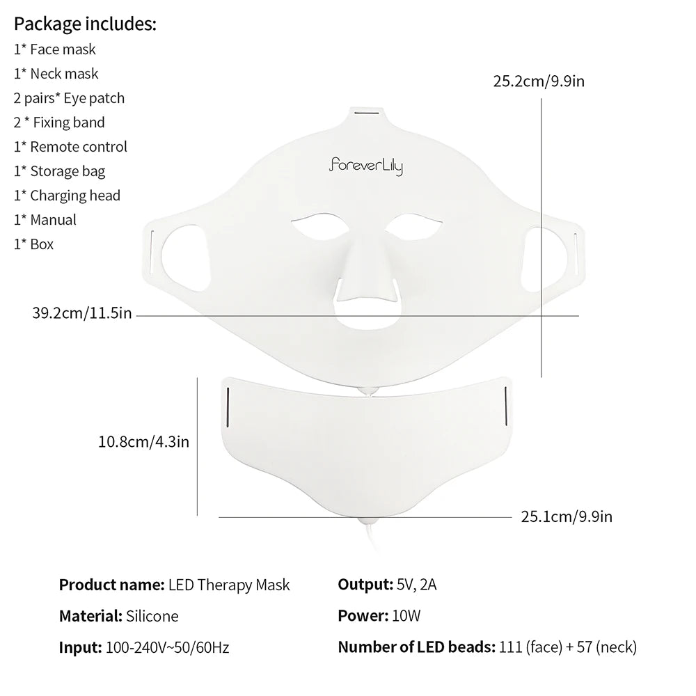 Foreverlily-Masque facial LED en silicone pour le visage et le cou, 7 couleurs, lumière LED, photon rouge, thérapie par la lumière 3D, masque facial flexible, soins de la peau anti-acné