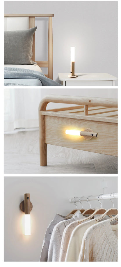 Veilleuse LED magnétique aste avec capteur de mouvement PIR automatique, applique murale en bois, lampe d'armoire de cuisine créative et intelligente