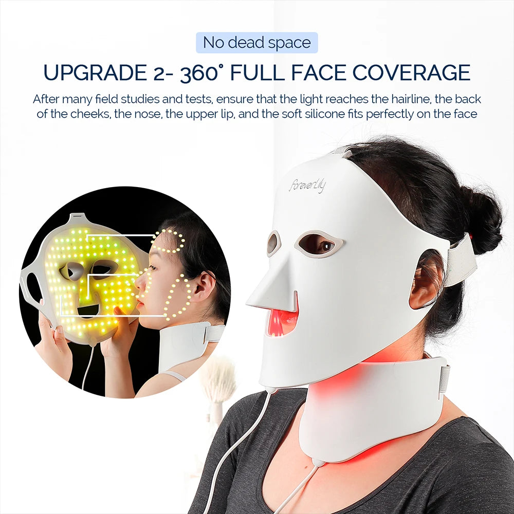 Foreverlily-Masque facial LED en silicone pour le visage et le cou, 7 couleurs, lumière LED, photon rouge, thérapie par la lumière 3D, masque facial flexible, soins de la peau anti-acné