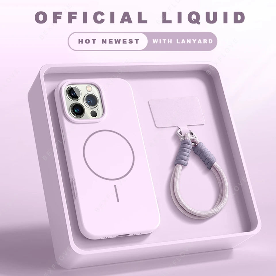 Magnetic Phone Case For iPhone 15 16 Plus Pro Max Silicone Official Lanyard Magsafe Strap Protector Soft Cover