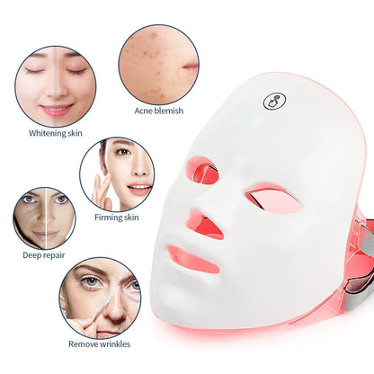 Masque facial anti-âge à photons LED, thérapie à la lumière rouge, masque de beauté pour le visage et le cou, traitement de relaxation, soins de la peau antidéformables, 7 couleurs